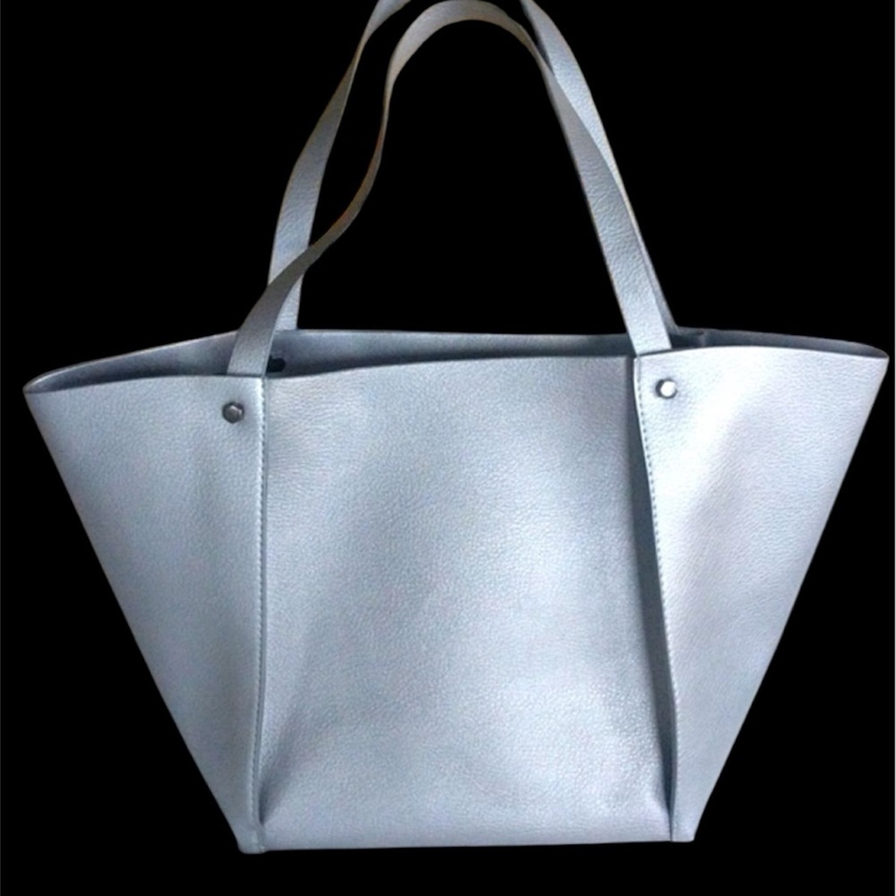 Neiman Marcus vegan faux leather shimmery metallic silver travel tote bag